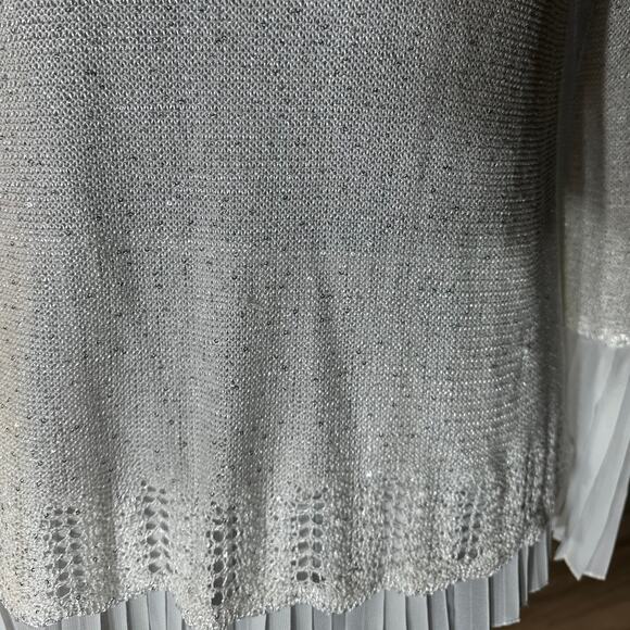 Sioni White Mixed Media Sparkle Chiffon Underlay Pleated Hem Sweater Size L - Picture 4 of 8
